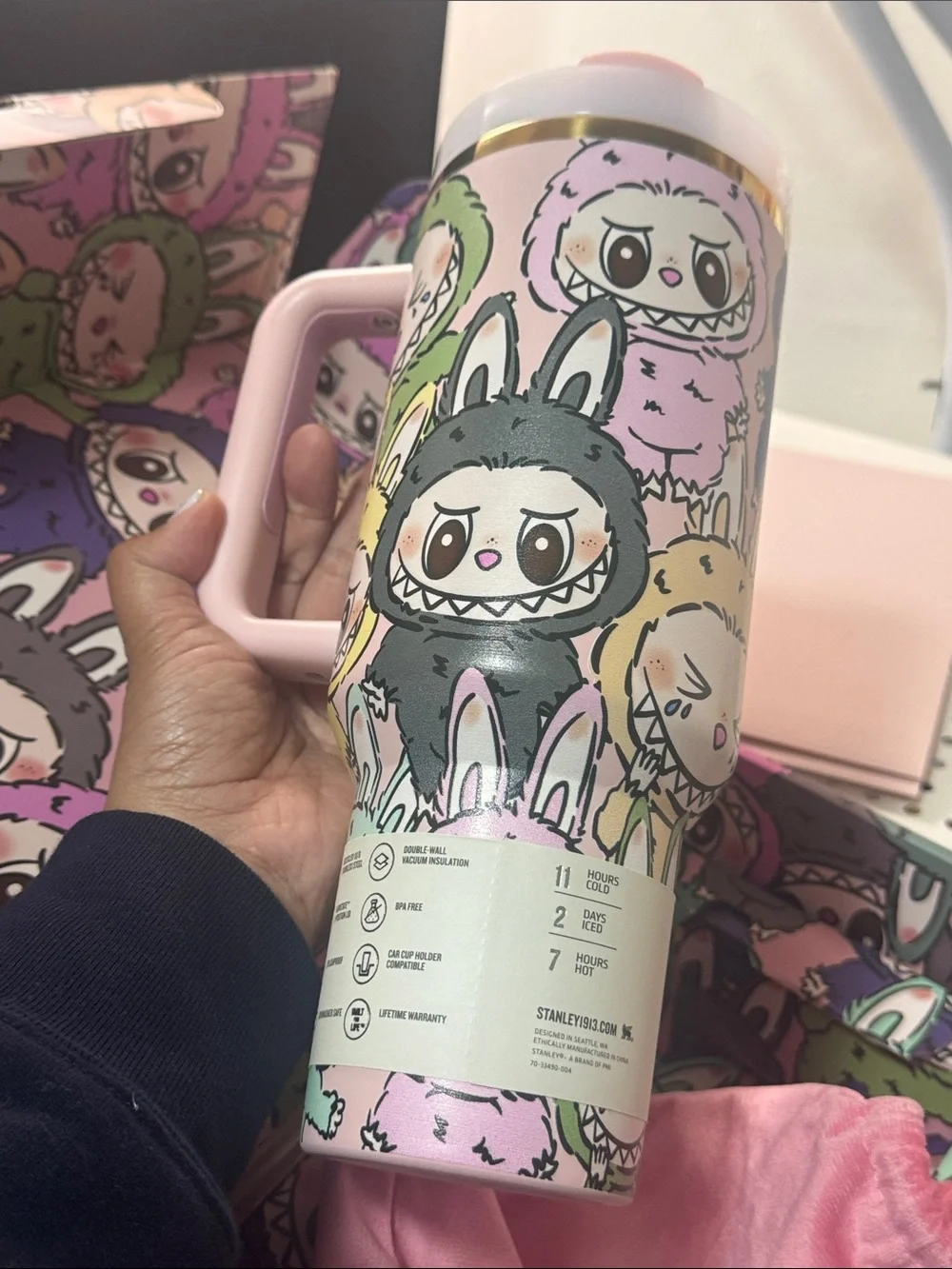 Stanley Pink LoveShackFancy Labubu Monsters NIB tumbler w dust bag, straw, box.